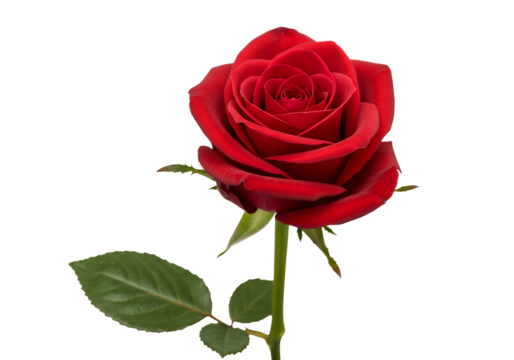 Red rose with green leaves isolated against a black background