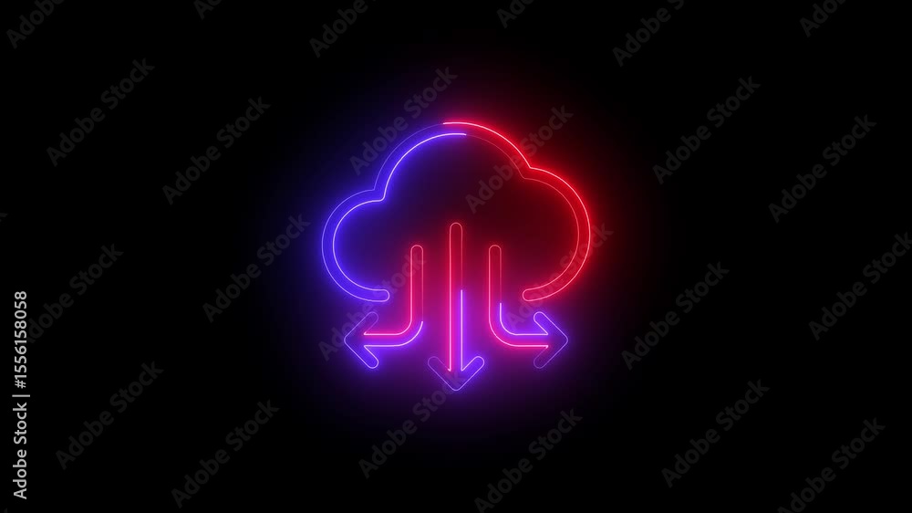 Aufkleber Glowing neon line Cloud file upload with loading bar icon animation on black background. Upload loading process icon animation