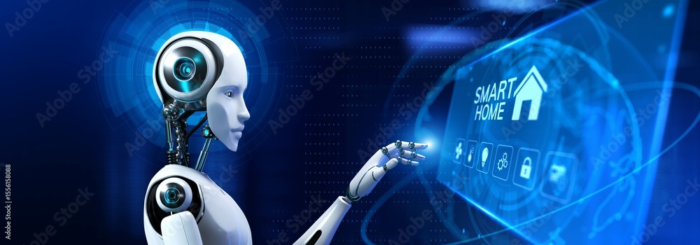 Poster ai-driven smart home automation technology concept. 3d render.