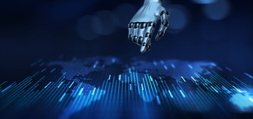 Robotic Hand Illustrating Interaction with Global Digital Maps and Advanced Data Visualization. 3d render.