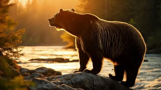 Brown bear standing on rocks near a river at sunset with trees in the background scene view video