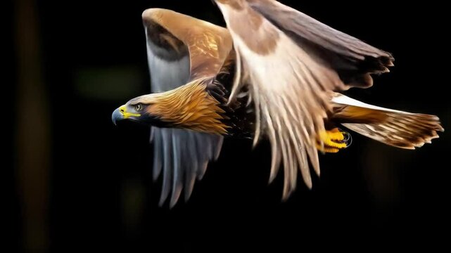 Flying eagle with wings spread on dark background
