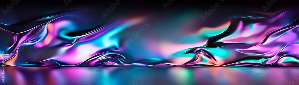 Poster abstract fluid art with vibrant colors and smooth flowing shapes reflecting light in a dark backgrou
