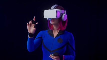 Woman in VR headset interacting with virtual interface