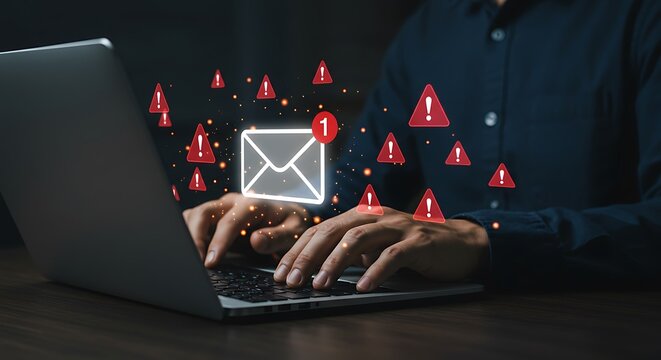 Man typing on laptop receiving spam email alerts and warning signs