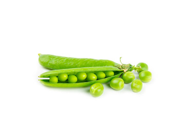 Fresh green pea pods with green peas isolated on white background. Sweet green peas. Green pea beans vegetables. Vegan. healthy vegetable