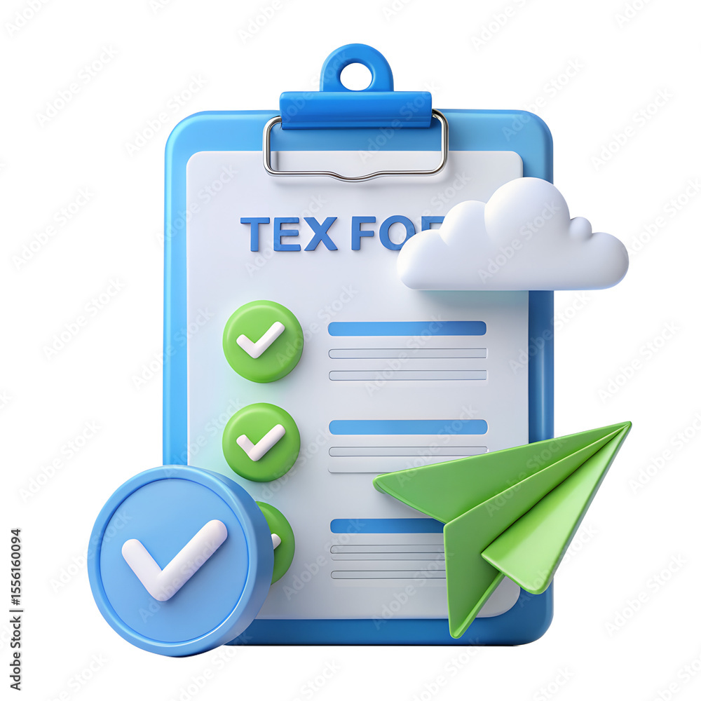 Poster a 3d render of a checklist with a paper plane and cloud isolated on transparent background