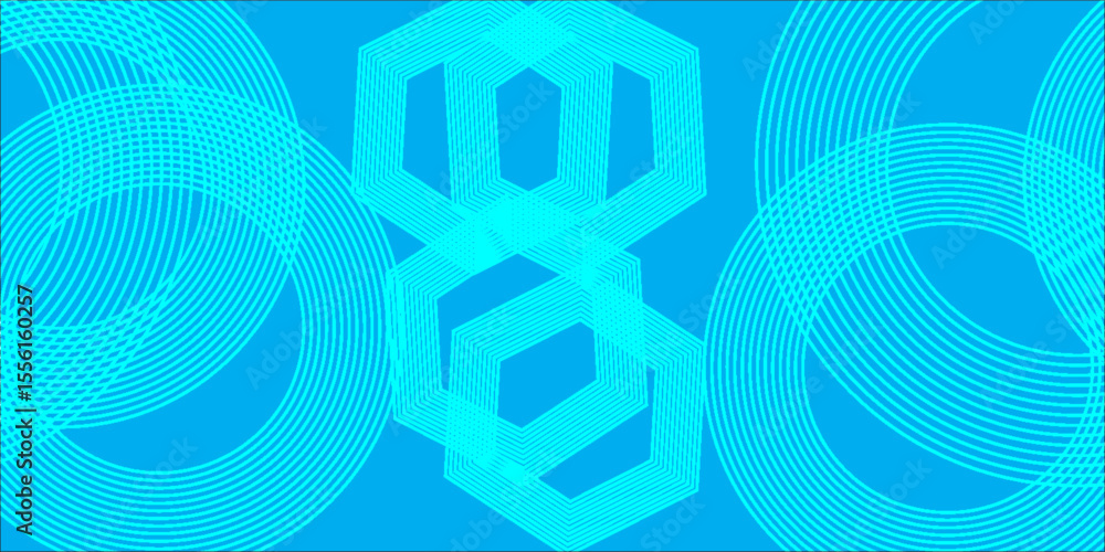 Aufkleber circular and hexagonal line patterns in bright cyan on a blue backdrop.abstract geometric background