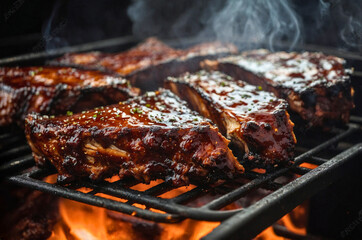 close-up of juicy bbq ribs in a smoker
