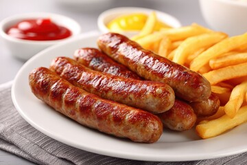 Sausage with fries dish on plate with condiments for menu use. Bowls blurry back
