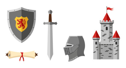 Illustration of a shield with lion, sword, helmet, scroll and a castle with red roofs