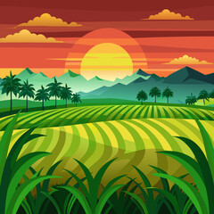 Obraz premium Vibrant Tropical Farm Landscape at Sunset with Palm Trees Rolling Fields and Distant Mountains a Serene and Colorful Vector Illustration of Agricultural Beauty