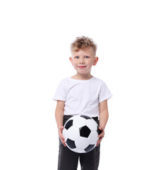 Little boy with soccer ball on white background