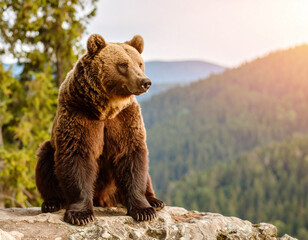 Wild adult brown bear in the mountain summer forest. 