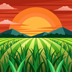 Obraz premium Vibrant Cartoon Landscape with Fields Mountains and a Striking Sunset showcasing a serene and colorful natural environment in a stylized and inviting illustration style