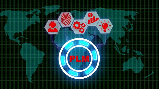 4k video. PLM Product lifecycle management system technology concept. development, manufacture, delivery, cycle, analysis, planning, strategy, and improvement. 4k video animation on maps background.