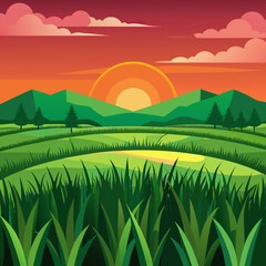 Obraz premium Serene Landscape Illustration with Rolling Green Hills Lush Grass and a Vibrant Sunset Evoking a Sense of Peace and Tranquility in a Stylized Graphic Design