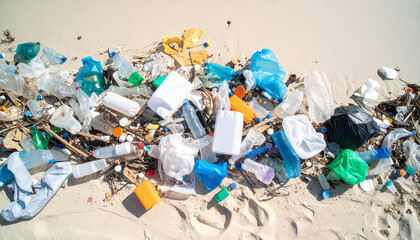 Top view Dirty environment at the beach with plastic bottle pollution. 