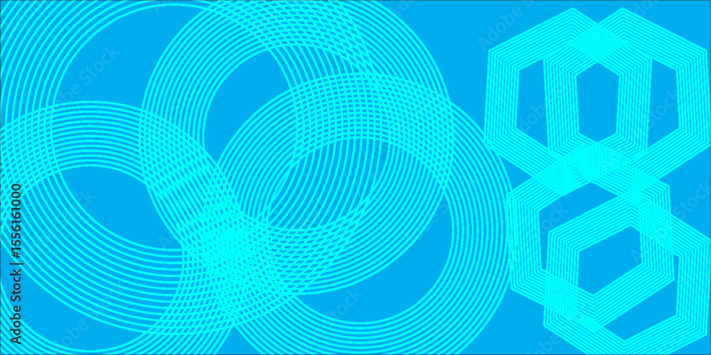 Aufkleber abstract geometric background with overlapping circular and hexagonal line patterns in bright cyan o