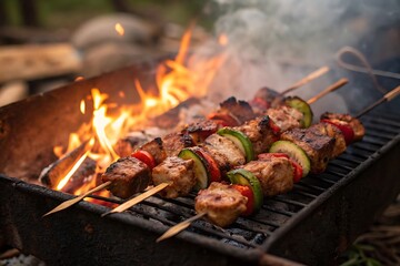 Grilled Meat Skewers with Vegetables on a B Q Grill with Flames and Smoke barbecue
