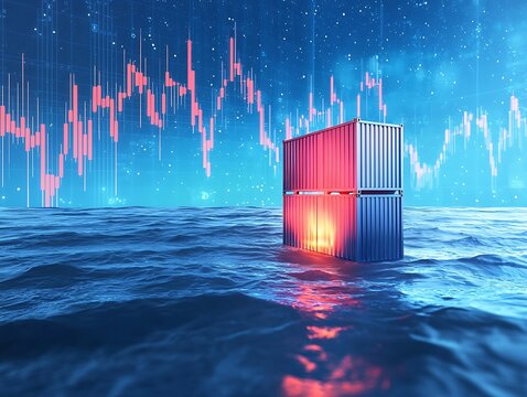 Surreal Scene of Shipping Container Floating in Water with Financial Graph Display in Background and Creative Digital Art Elements