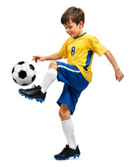 Obraz na płótnie Canvas Young boy soccer player in yellow jersey doing a ball control on isolated background