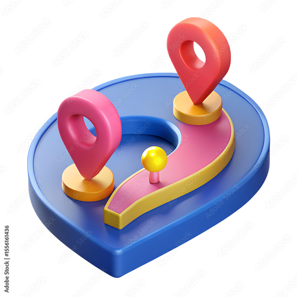 Poster a 3d render of a blue map icon with pink location pins and a yellow path, isolated on transparent ba