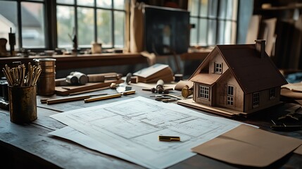 Architect's Workbench Miniature House Model, Technical Drawings, and Drafting Tools on Wooden Desk by Window