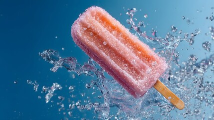 Frozen popsicle splashing in water on blue background