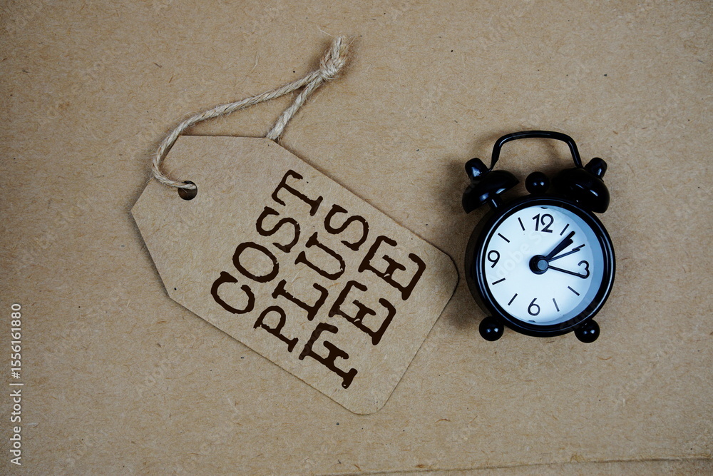 Poster cost plus fee text on price tag with alarm clock on paper craft background
