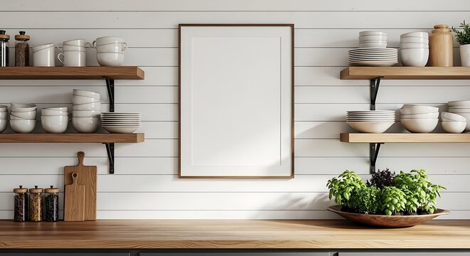 Interior of a kitchen with wooden shelves and a blank picture frame on the white wooden wall