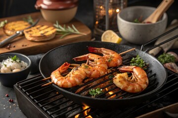 Grilled Shrimp Skewers on a Cast Iron Pan with Other Food Items and Ingredients prawns