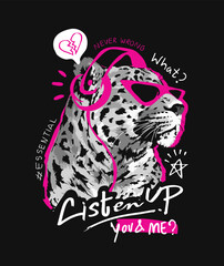 black and white leopard in sunglasses and headphone vector illustration 