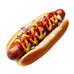 Delicious hot dog topped with ketchup mustard and chopped red onions isolated on transparent background