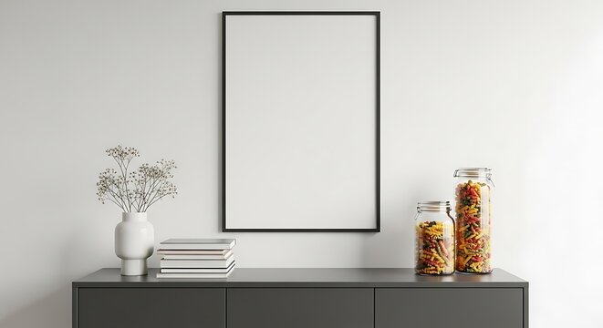 Minimalist interior with blank frame, flowers, books, and pasta jars on a gray cabinet against white wall