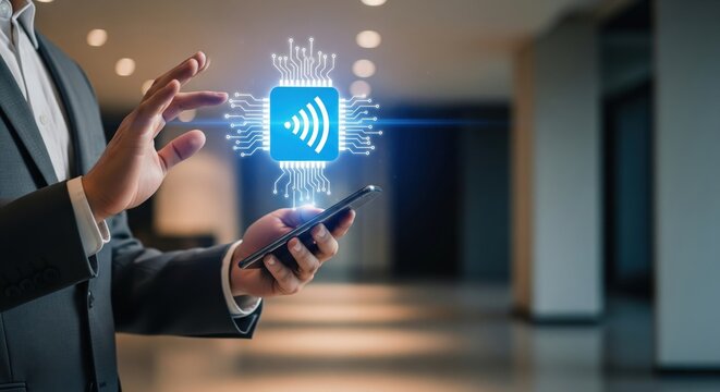 Seamless Contactless: Business professional uses his smartphone for a seamless contactless payment, enhanced with glowing digital interface.