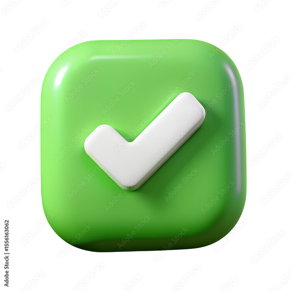 Poster a 3d render of a green square button with a white checkmark isolated on transparent background