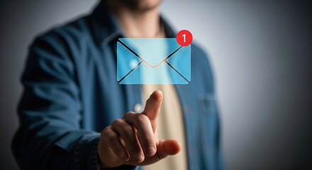 Digital Communication: A person is interacting with a holographic email envelope, emphasizing a new message, which represents modern digital communication.