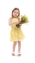 Cute little girl with bouquet of beautiful chamomile flowers on white background