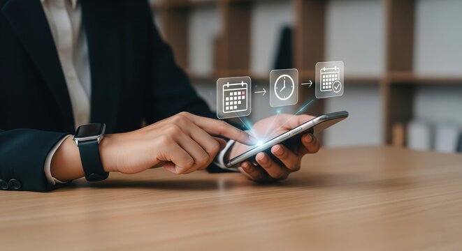 Managing Tasks on Smartphone: Close-up shot of a person's hands skillfully navigating a smartphone, with digital calendar, clock, and file icons elegantly overlaid.