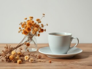 A warm morning coffee, accompanied by a flower and cookies, sits on a white porcelain saucer