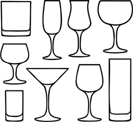 vector line art illustration of set of wine glasses, isolated on white