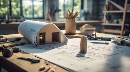 Obraz premium Architectural Blueprint Rolled with House Model on Desk Surrounded by Tools in Workshop