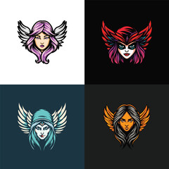 Woman head logo design with wings behind