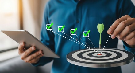 Bullseye Goal Achieved: A business professional sets his sights on the target achieving multiple goals for business success, highlighting precision, focus.
