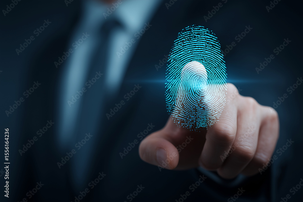 Poster a man in a suit is pointing to a fingerprint on a screen