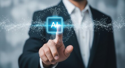 AI Integration: A professional in a suit is about to activate a modern AI interface, highlighting technological and scientific development and progress.