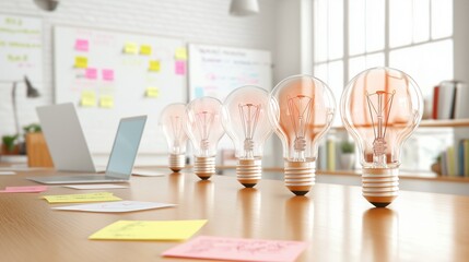 glowing light bulbs in a straight line, each representing a different idea, placed on a wooden desk