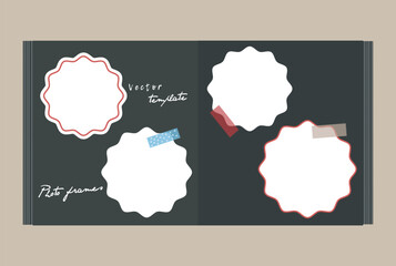 Decorative frames with wavy edges in open black photo album. Empty white frames on sticky tape. Vector realistic Mockup. Template. Photo card collage.