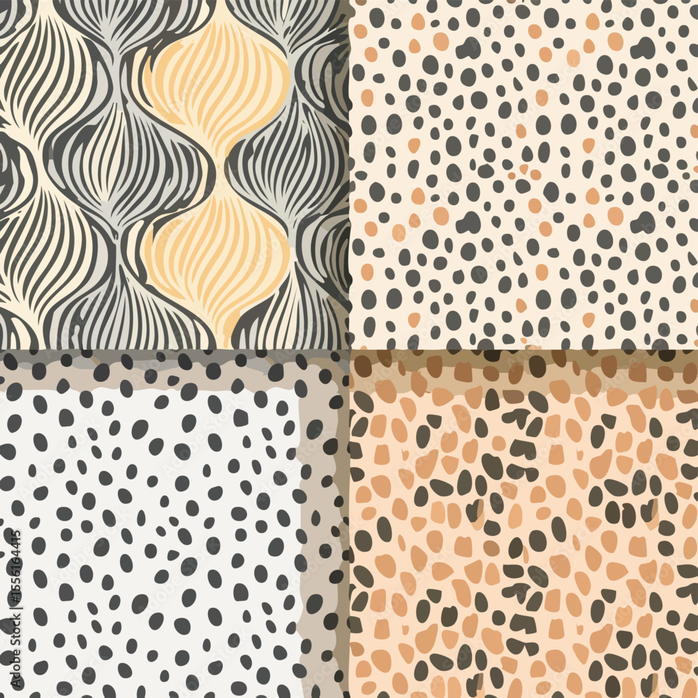 Poster four abstract patterns in beige black gray and yellow color palette background texture